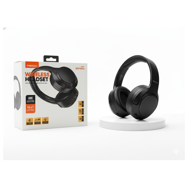  سماعة رأس بلوتوث فوق الأذن ريتشي REP-W86 - إلغاء الضوضاء النشط (ANC) - عمر البطارية يصل إلى 45 ساعة - أسود 