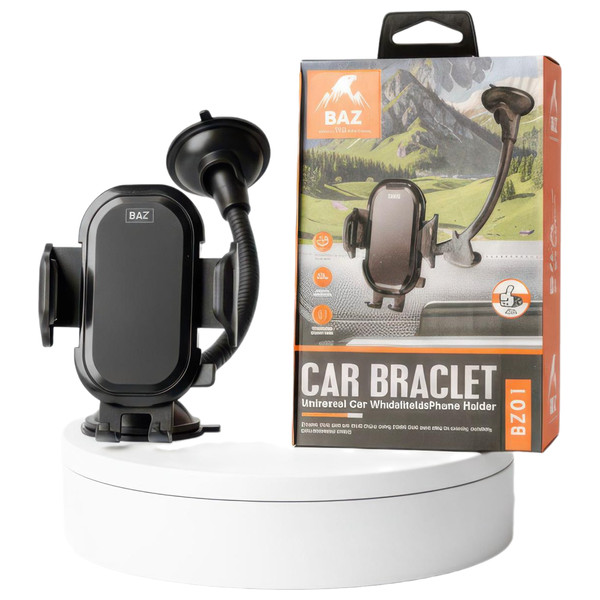 BAZ Car Phone Holder - Mounts to Windshield and Dashboard - 360 Degrees - Black