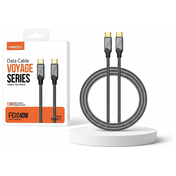  كابل  ريسي - RS18CC - تايب-سي إلى تايب-سي - طول 1.5 متر - بقدرة 240 واط - أسود 