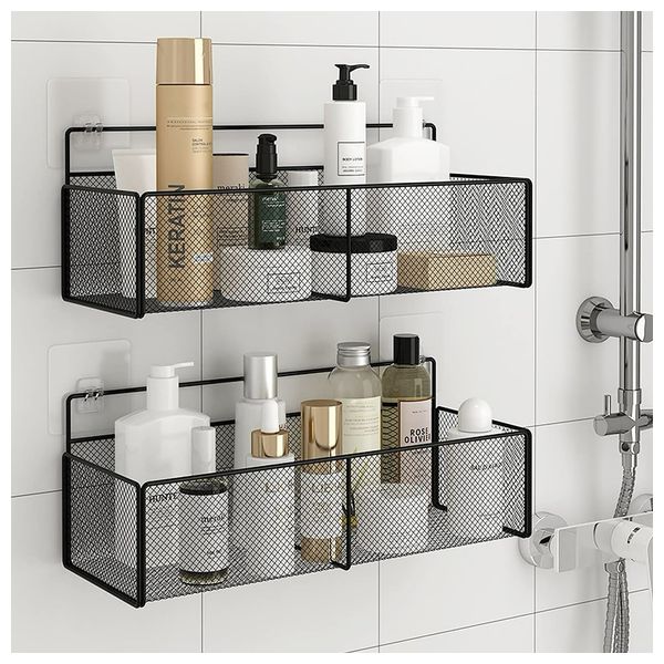  Drill-less Adhesive Metal Bathroom Shelf - Black 