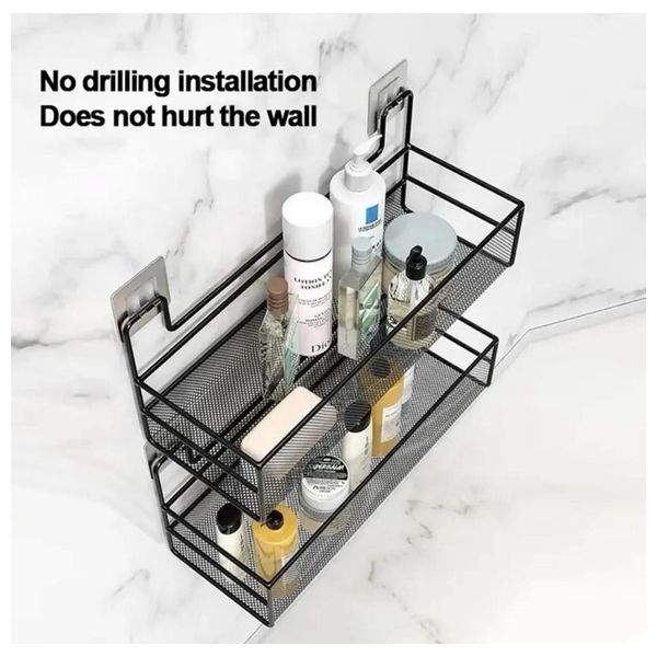  Drill-less Adhesive Metal Bathroom Shelf - Black 