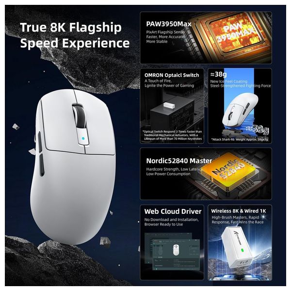  Attack Shark R6 Gaming Mouse - 42,000 DPI Sensor - Wireless - White 