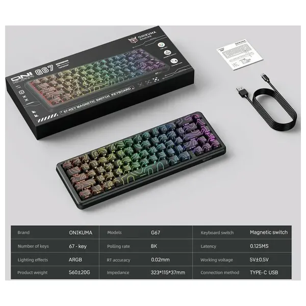 كيبورد العاب ميكانيكي للألعاب أونيكوما G67 - سلكي - 67 مفتاح  - إضاءة ار جي بي - اسود