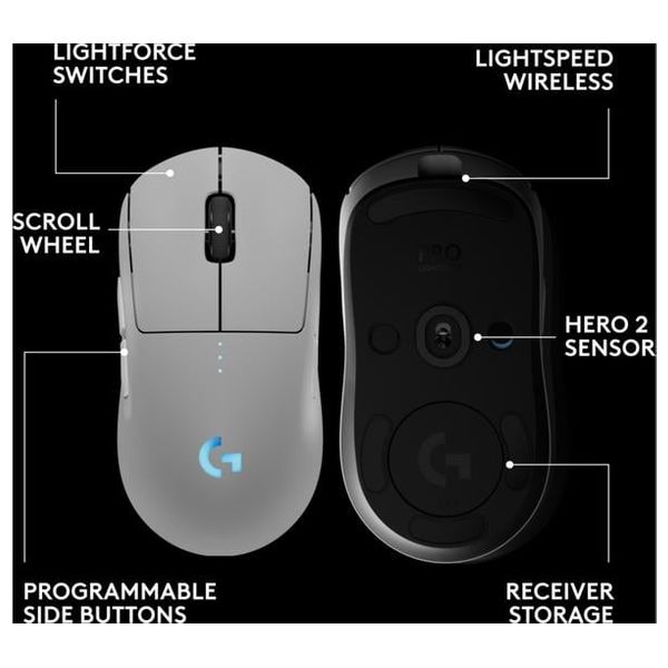 Logitech P2 Gaming Mouse - Wireless - Customizable Side Buttons - HERO 2 Sensor - 100 to 44,000 DPI - White