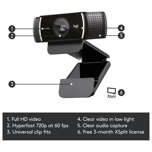 كاميرا بث لوجيتك C922 - دقة 1080P/30FPS أو 720P/60FPS - ميكروفون ستيريو - أداء فائق في الإضاءة المنخفضة