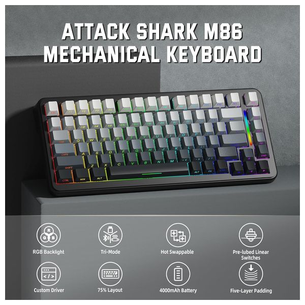 Attack Shark M86 Mechanical Keyboard - Wireless RGB Lighting - Gray