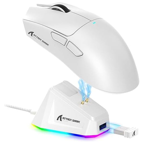 Attack Shark X11 Gaming Mouse - Wired - Customizable RGB Backlit Charging Base - 5 Programmable Buttons - White