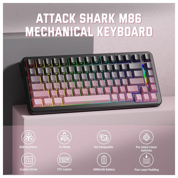 ATTACK SHARK M86 - Wireless Keyboard - RGB - Bluetooth 5.0 - Black