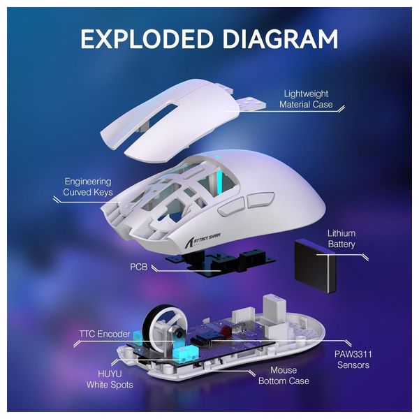 Attack Shark X11 Gaming Mouse - Wired - Customizable RGB Backlit Charging Base - 5 Programmable Buttons - White