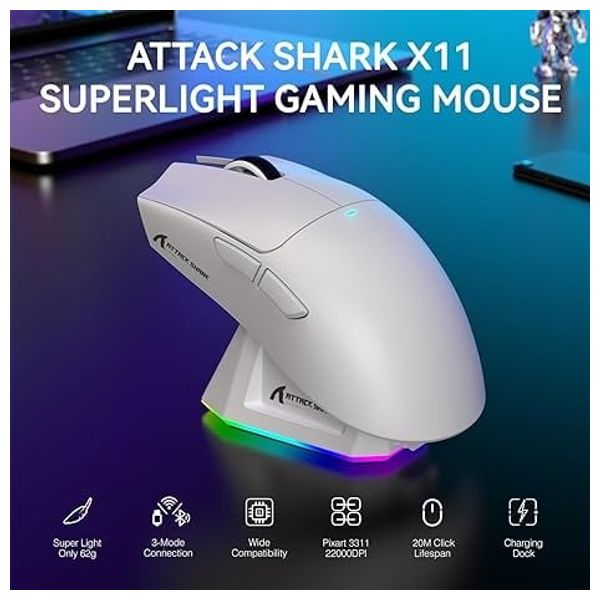 Attack Shark X11 Gaming Mouse - Wired - Customizable RGB Backlit Charging Base - 5 Programmable Buttons - White