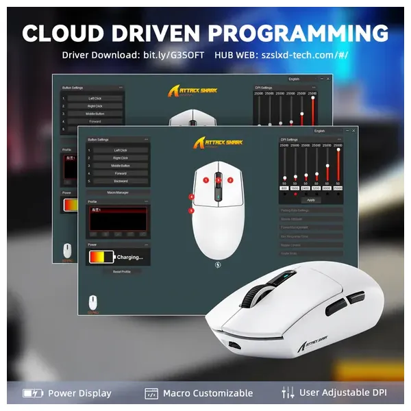  ماوس ألعاب لاسلكي أتاك شارك G3 برو - DPI 25000 - ابيض 