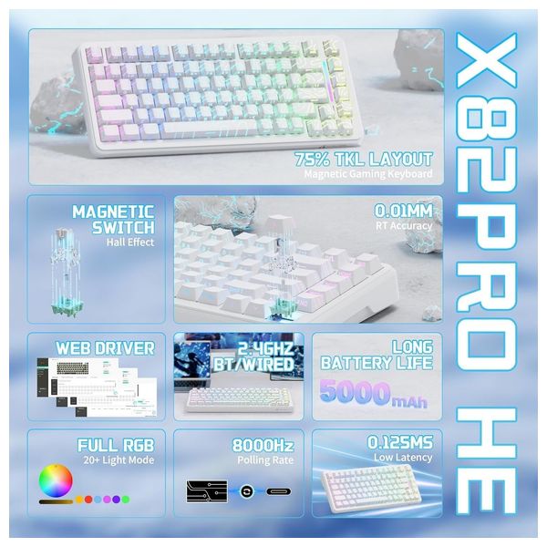 Attack Shark X82 Keyboard - Wireless - RGB Backlighting - 83 Keys - White
