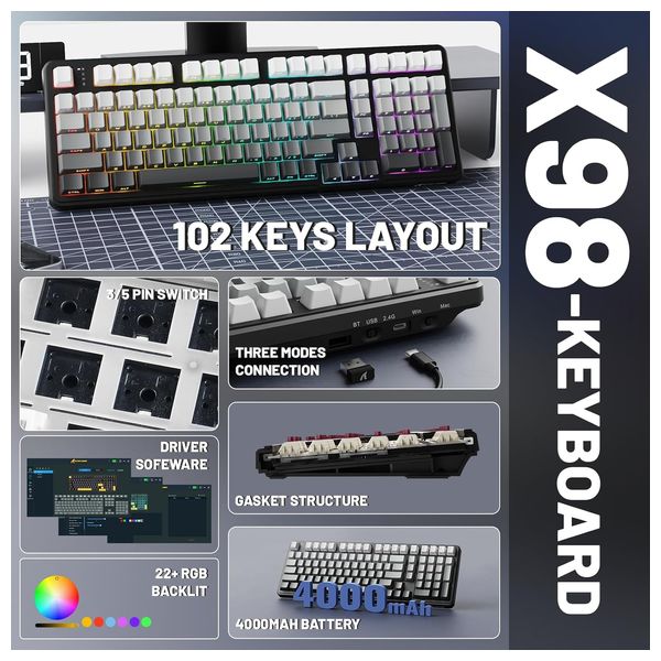 Attack Shark X98 Mechanical Gaming Keyboard - Wireless - RGB Lighting - 98 Keys - Black