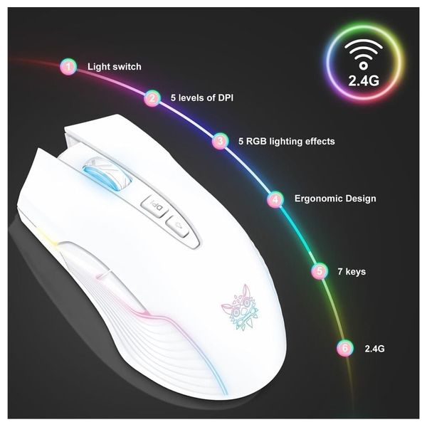  Onikuma CW905 - Wireless Gaming Mouse - RGB Lighting - White 