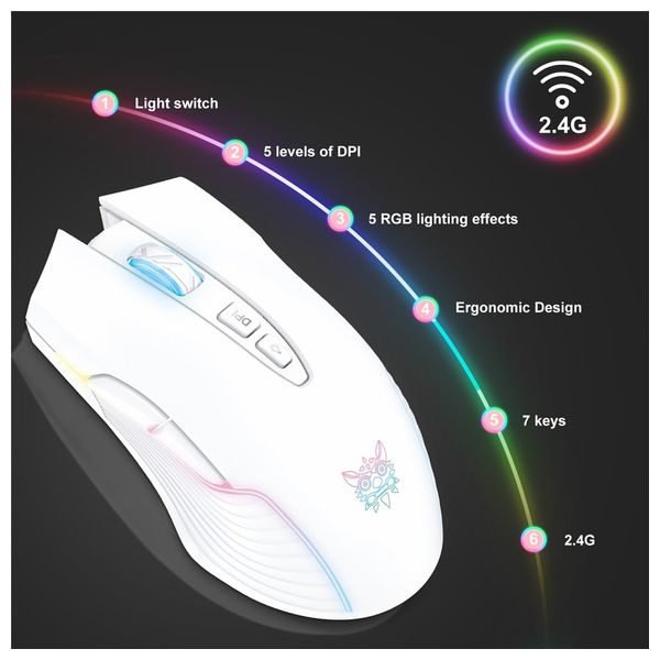  Onikuma CW905 Gaming Mouse - Wireless - RGB Lighting - White 