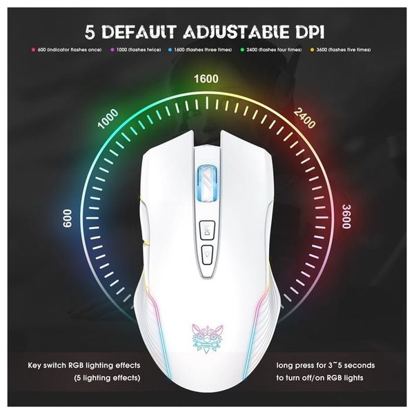 Onikuma CW905 - Wireless Gaming Mouse - RGB Lighting - White 