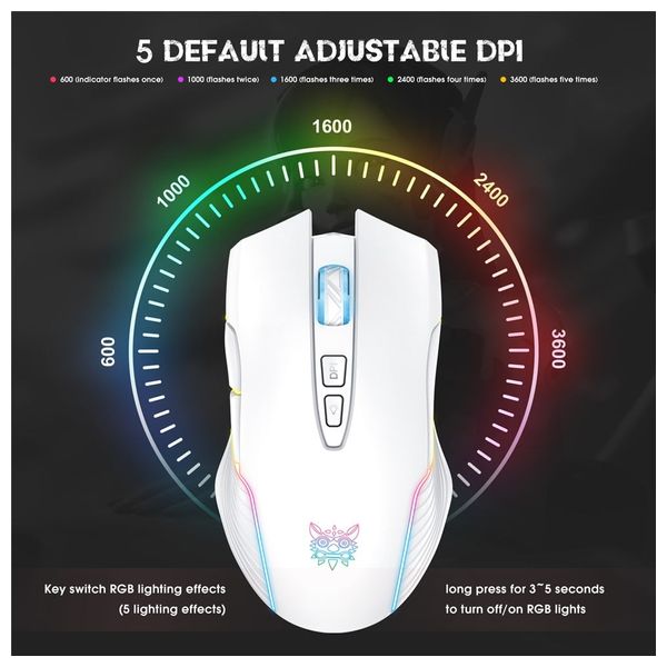  Onikuma CW905 Gaming Mouse - Wireless - RGB Lighting - White 