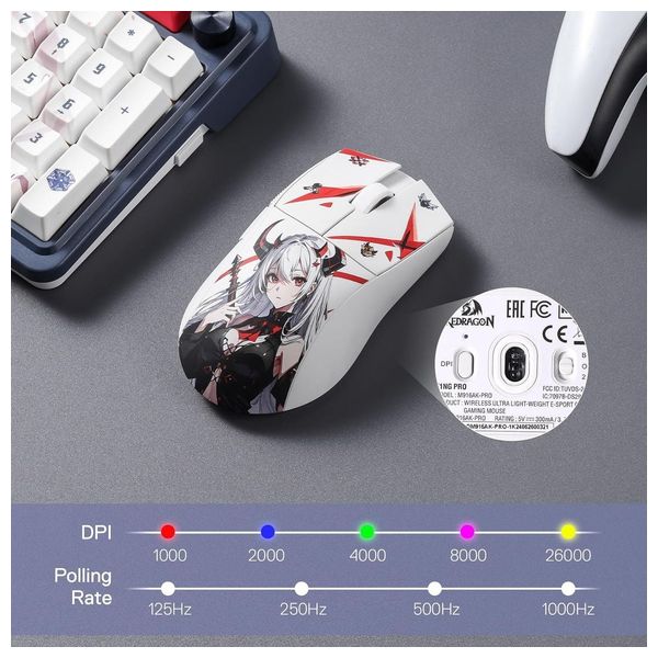  Redragon Anime Gaming Mouse - Wireless, 7 Programmable Buttons - RGB Backlighting - White 