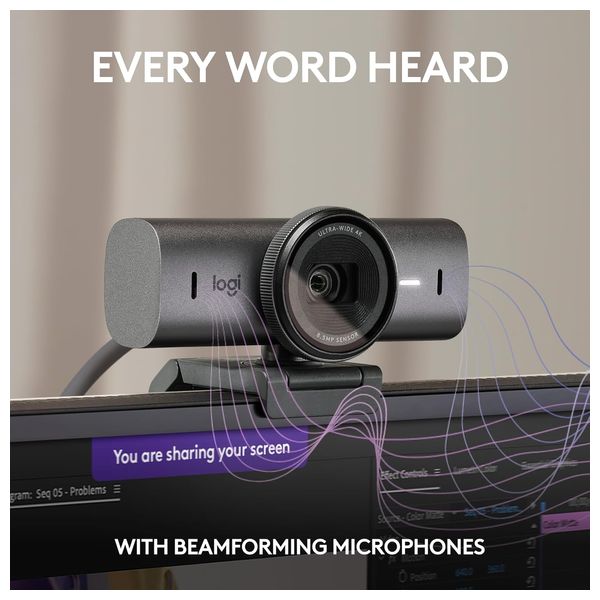 كاميرا ويب لوجيتك MX Brio - تحسين صورة بالذكاء الاصطناعي - ميكروفونات مزدوجة بعزل ضوضاء - وضع العرض - غطاء خصوصية مدمج - رمادي
