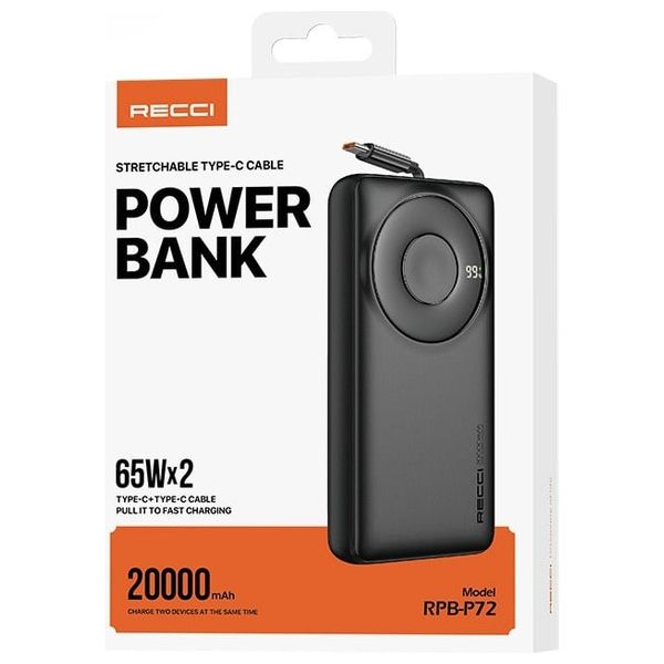  Recci RPB P72 - Power Bank with USB-C Cable - 20000mAh - 65W -  Black 