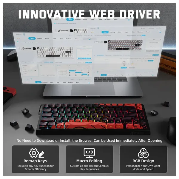 ATTACK SHARK X68 Pro HE Gaming Keyboard - Wireless - Customizable RGB Lighting - Black