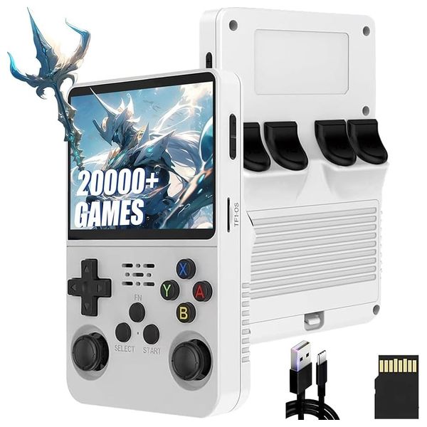  Ari Gaming R36S Handheld Game Console - Retro - 64GB - 3.5-inch Screen - 3500mAh Battery - Supports 21 Emulators - White 