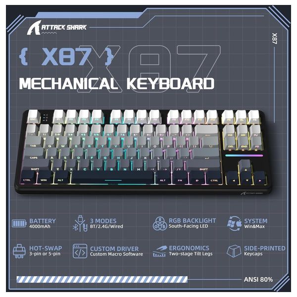 Attack Shark X87 Mechanical Gaming Keyboard - Wireless - RGB Lighting - 87 Keys - Black