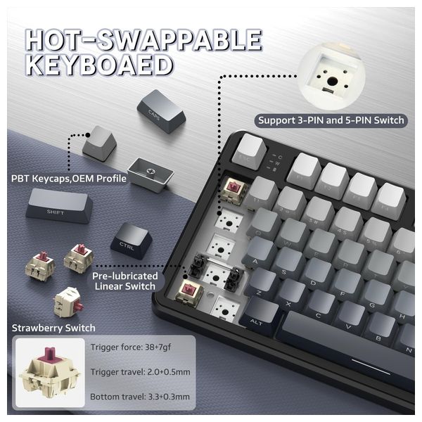 Attack Shark X87 Mechanical Gaming Keyboard - Wireless - RGB Lighting - 87 Keys - Black