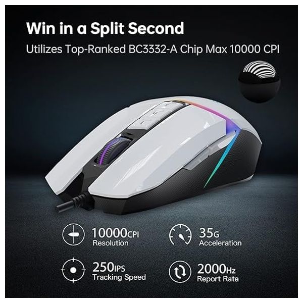  Bloody W60 Max Wired Gaming Mouse - 100-12000 DPI - 250 IPS Tracking Speed ​​- White 