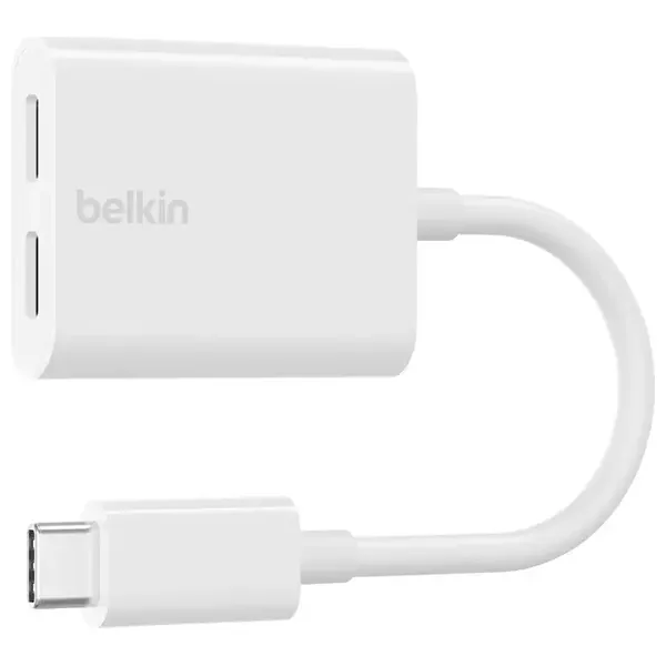 محول بيلكن 2 في 1 - يو اس بي سي إلى صوت 3.5 ملم - شحن سريع 60 واط - جودة صوت عالية وتصميم صغير - ابيض