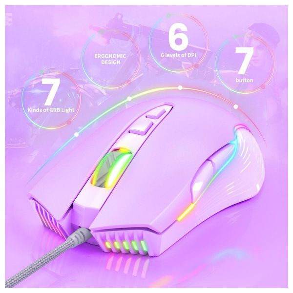  Onikuma CW905 Gaming Mouse - Wired - 7 Buttons - Customizable RGB Lighting - 1.5m - Purple 