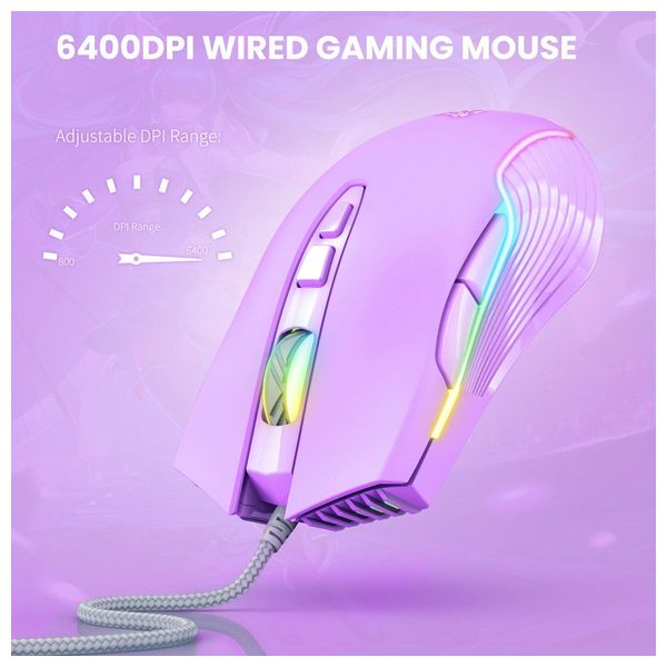  Onikuma CW905 Gaming Mouse - Wired - 7 Buttons - Customizable RGB Lighting - 1.5m - Purple 