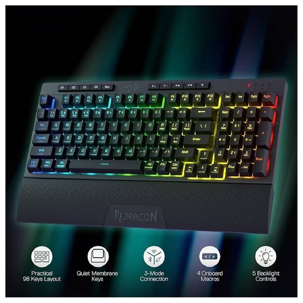  Redragon K515 Shiva Pro RGB - Wireless Gaming Keyboard - Compact 98-key layout with mechanical-like feel - Smooth linear membrane keys - Black 
