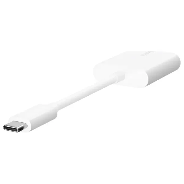 محول بيلكن 2 في 1 - يو اس بي سي إلى صوت 3.5 ملم - شحن سريع 60 واط - جودة صوت عالية وتصميم صغير - ابيض