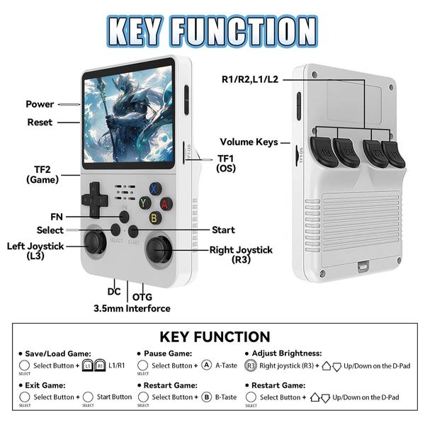 Ari Gaming R36S Handheld Game Console - Retro - 64GB - 3.5-inch Screen - 3500mAh Battery - Supports 21 Emulators - White
