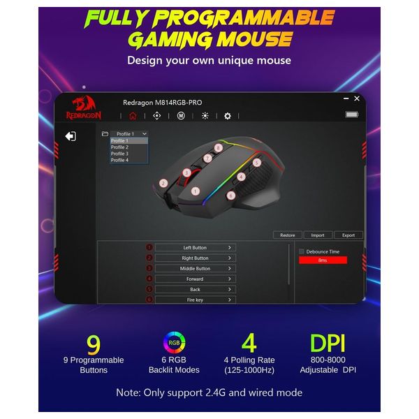  ماوس ريدراغون M814RGB  - لاسلكي - إضاءة خلفية ار جي بي قابلة للتخصيص - 7 أزرار قابلة للبرمجة - اسود 