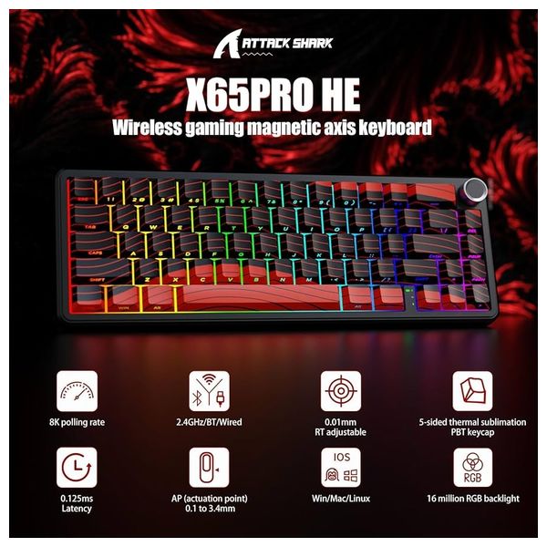 Attack Shark X65 PRO HE Keyboard - Wired - 66 Keys - Customizable RGB Lighting