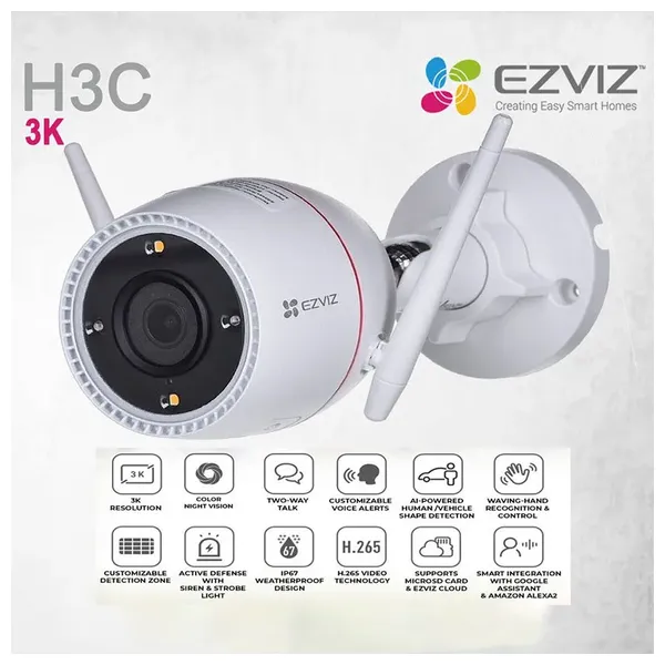  كاميرا مراقبة خارجية ذكية Ezviz H3c - دقة 3K - رؤية ليلية 30m - اكتشاف البشر والمركبات بالذكاء الاصطناعي - مقاومة للماء IP67 - تدعم Wi-Fi - تخزين MicroSD حتى 512GB 