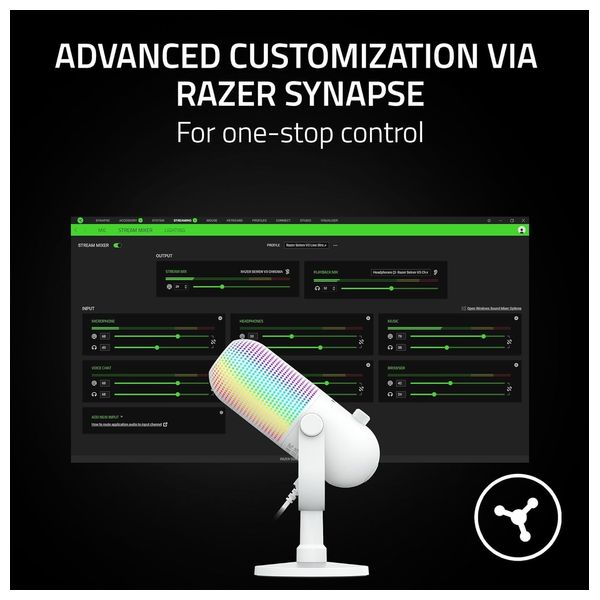 ميكروفون رايزر سيرين V3 Chroma USB للبث - إضاءة Chroma تفاعلية - ميكروفون مكثف فائق القلبية - مستشعر لمس متعدد الوظائف - ابيض