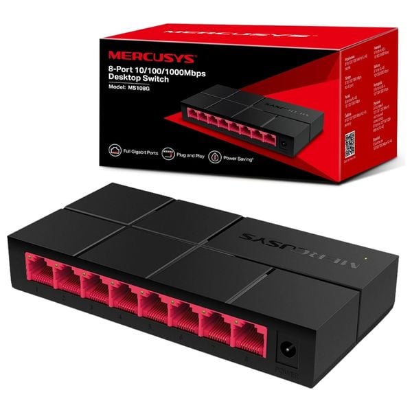 Mercusys Desktop Network Switch - 8 × RJ45 Gigabit ports supporting 10/100/1000 Mbps - Black