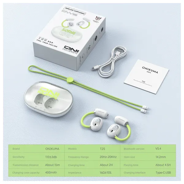  سماعة داخل الاذن ONIKUMA T25 - بلوتوث 5.4 - محركات 14.2mm - تحكم باللمس - منفذ يو اس بي سي  - أبيض 