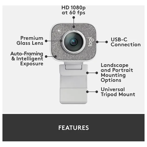 كاميرا بث لوجيتك - دقة 1080P/60FPS - عدسة زجاجية مع تركيز تلقائي - دعم التأطير التلقائي والإضاءة الذكية