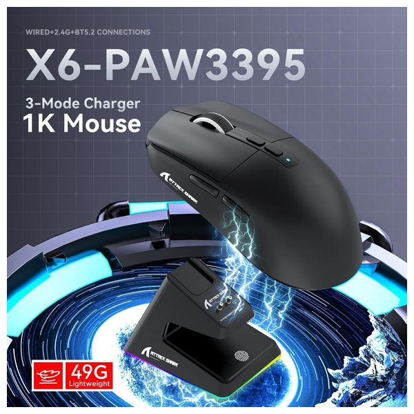 Attack Shark X6 Gaming Mouse - Wireless - Magnetic Charging - 80 Million Clicks - Black