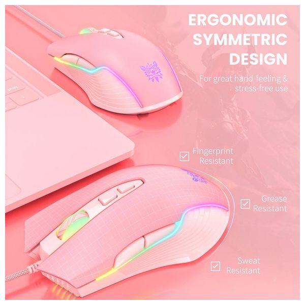  ONIKUMA CW905 Gaming Mouse - Wired - Adjustable RGB Lighting - 7 Buttons - 1.5m - Pink 
