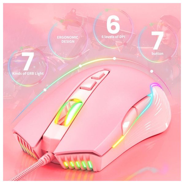  ONIKUMA CW905 Gaming Mouse - Wired - Adjustable RGB Lighting - 7 Buttons - 1.5m - Pink 