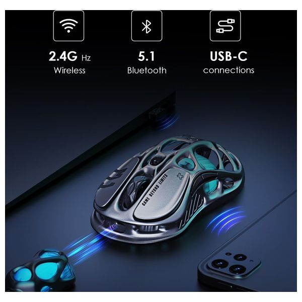 Gravastar M1-GRY-CN Gaming Mouse - Wireless - 5 Programmable Buttons - RGB Lighting - Gray