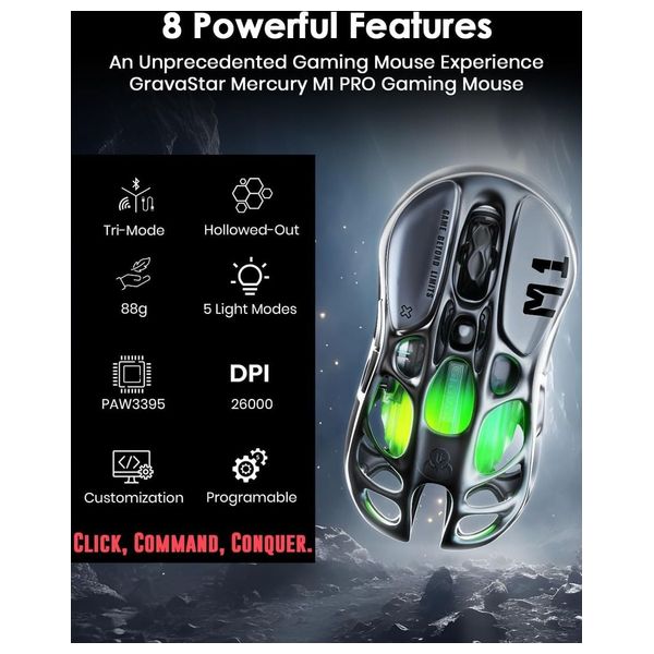 Gravastar M1-GRY-CN Gaming Mouse - Wireless - 5 Programmable Buttons - RGB Lighting - Gray