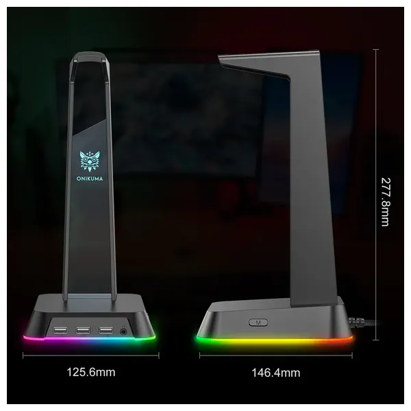  Onikuma ST-2 Gaming Headset Stand - RGB Lighting - 3 Ports - Black 