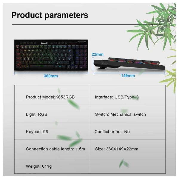 Redragon K653 Keyboard - 94 Mechanical Keys - Black