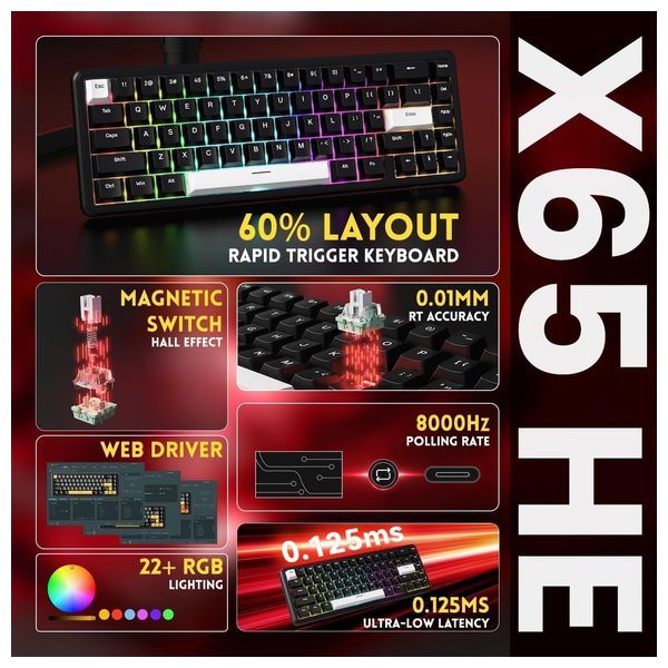  Attack Shark X65 HE Mechanical Keyboard - Hall Effect Switches - Ultra-Fast Response - Black 